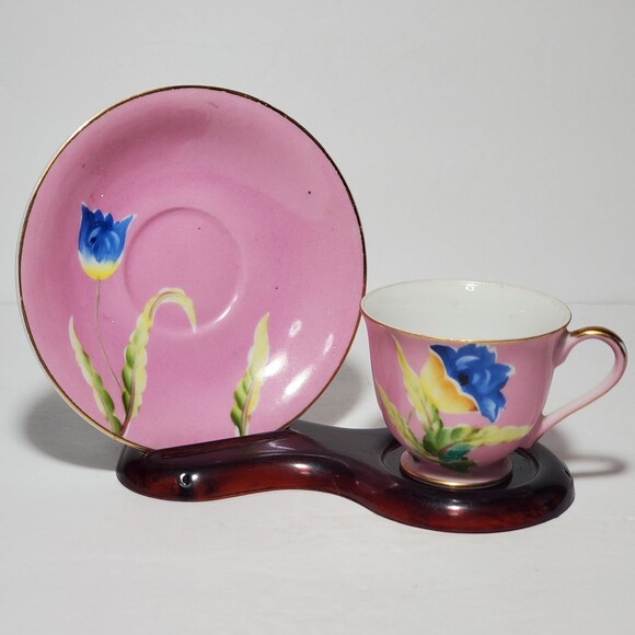 Chugai Demitasse Cup and Saucer Small Pink Blue Flowers - Picture 1 of 10